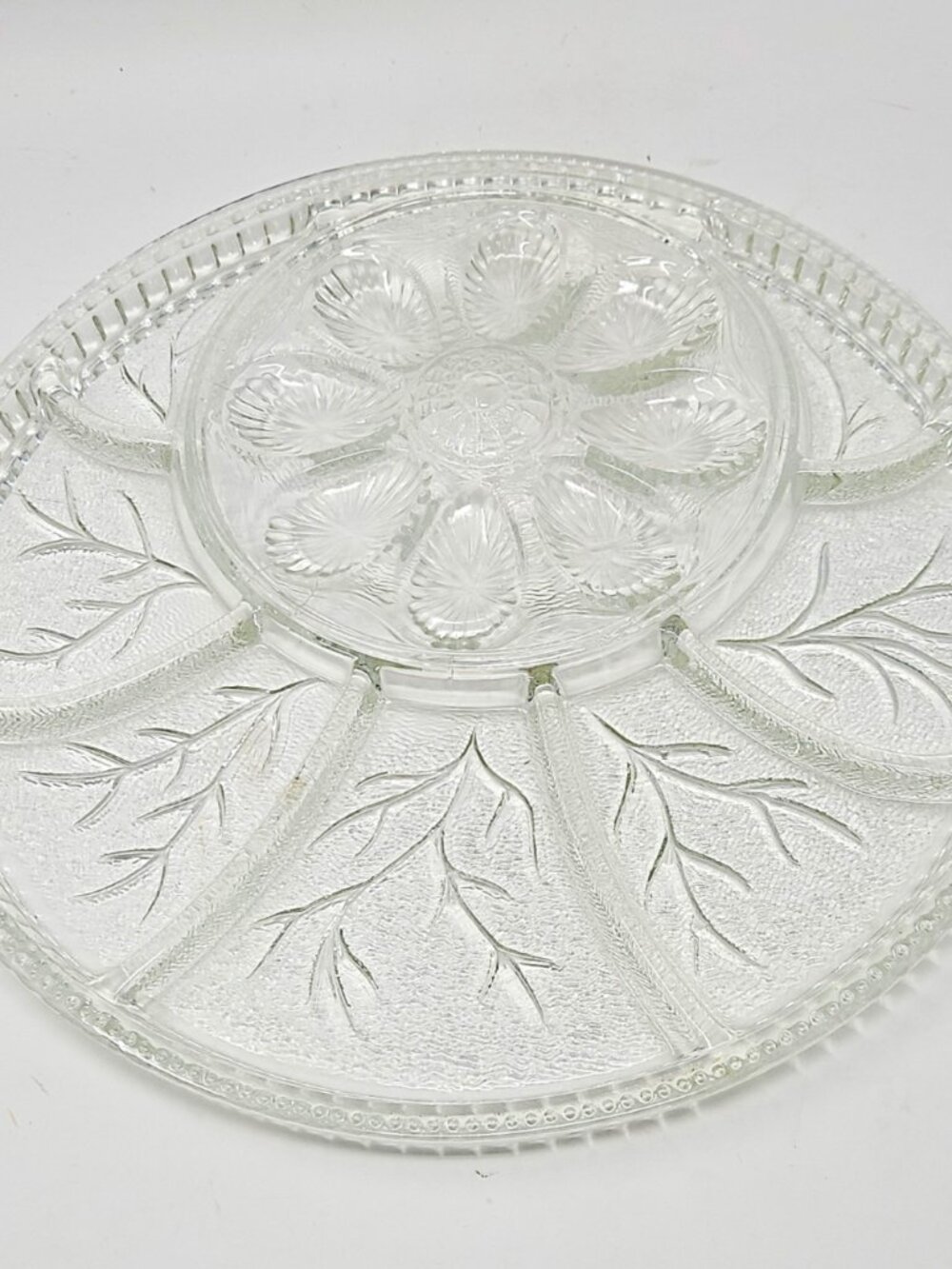Vintage 1960s Indiana Pebble Vine Clear Glass Deviled Egg Snack Serving Platter